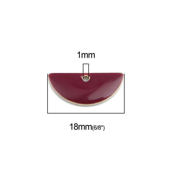 Sequins médaillons résine style émaillés Biface Demi Cercle 18 par 8mm Grenat Bordeaux sur une base en métal dore