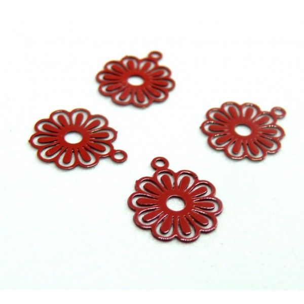 AE113414 Lot de 10 Estampes pendentif filigrane Petites Fleurs 10mm métal couleur Rouge