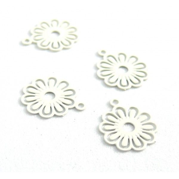 AE113414 Lot de 10 Estampes pendentif filigrane Petites Fleurs 10mm métal couleur Blanc