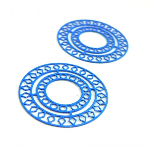 AE115421 Lot de 4 Estampes pendentif filigrane Mandala 30mm métal couleur Bleu 