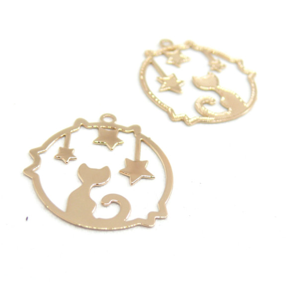 Estampes pendentif filigrane Medaillon Chat et Etoile 22mm cuivre coloris Doré