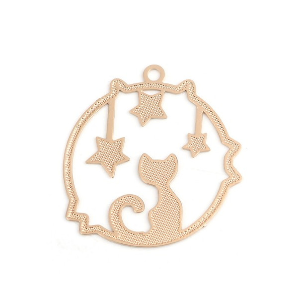 PS110216701 Pax de 10 Estampes pendentif filigrane Medaillon Chat et Etoile 22mm cuivre coloris Doré