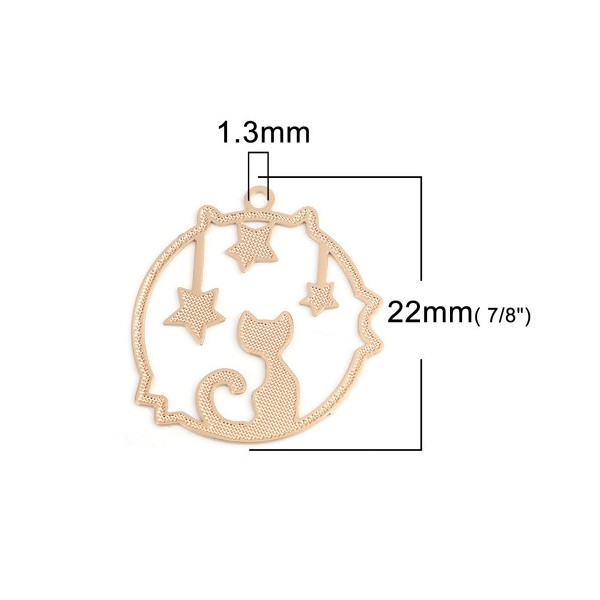 PS110216701 Pax de 10 Estampes pendentif filigrane Medaillon Chat et Etoile 22mm cuivre coloris Doré
