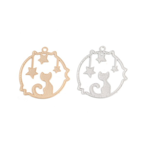 PS110216701 Pax de 10 Estampes pendentif filigrane Medaillon Chat et Etoile 22mm cuivre coloris Doré