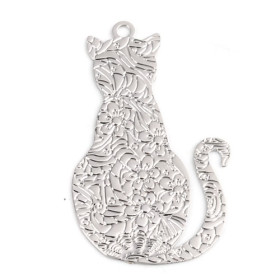 Pendentifs, breloque 29mm Chat Travaillé Cuivre couleur ARGENT ANTIQUE
