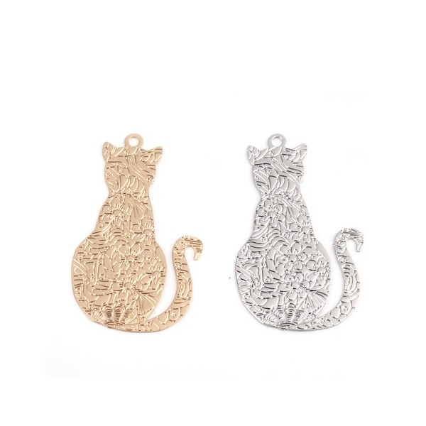 PS110216695 PAX 5 pendentifs, breloque 29mm Chat Travaillé Cuivre couleur Doré