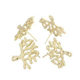 PS110200230Bis PAX 1 Paire Boucle d'oreille Puce Branche de Corail avec attache et embouts 25mm métal couleur Dore
