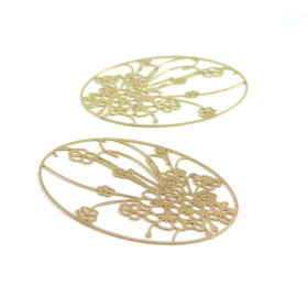 AE114467 Lot de 2 Estampes pendentif filigrane Bouquet de Fleur Medaillon Ovale 40mm métal couleur Doré