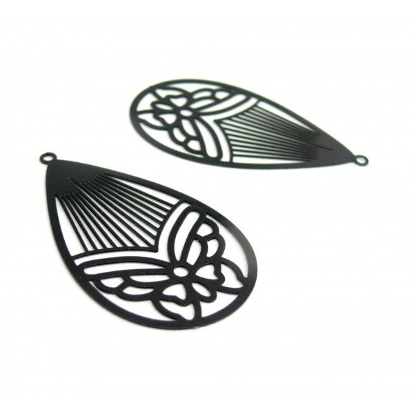 Estampes pendentif filigrane Papillon Medaillon Goutte 45mm métal couleur Noir