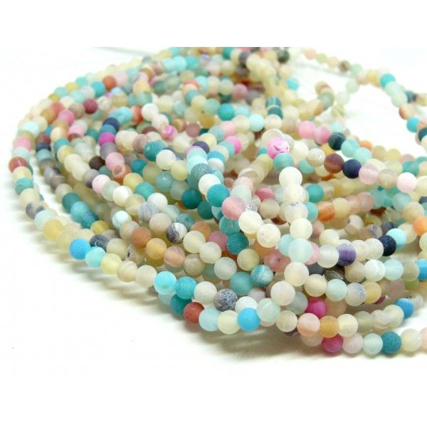 G589 Lot 1 fil d' environ 90 perles rondes 4 mm Agate craquelé effet givre multicolores coloris 17