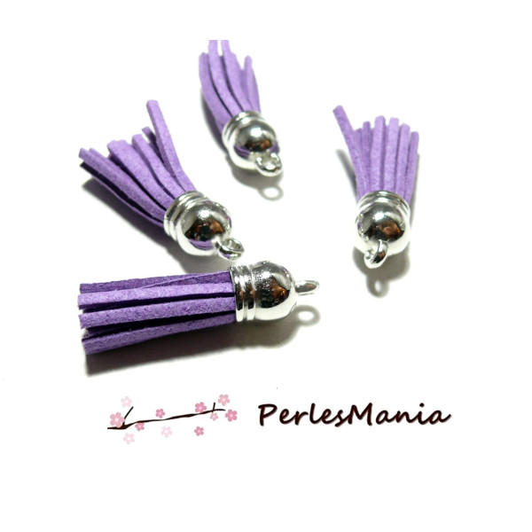 Pompons Breloque Passementière 35mm Suédine Violet Embouts Argent Platine