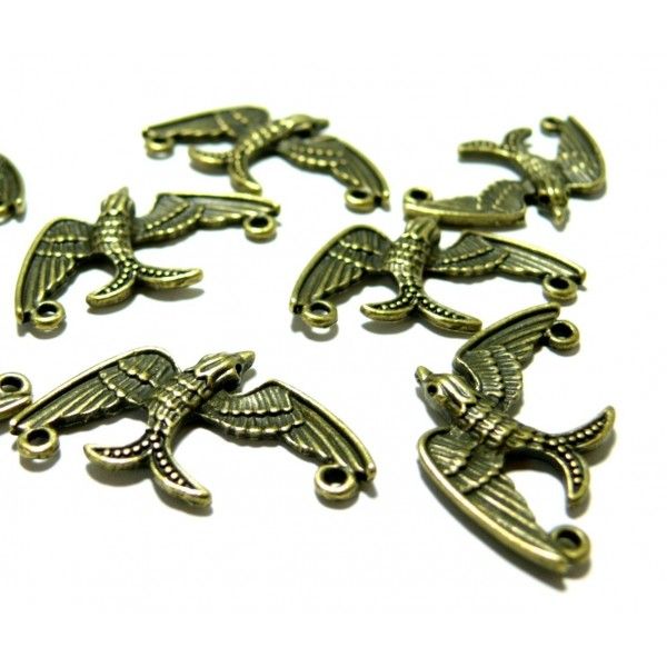 Lot de 20 pendentifs breloque Connecteur Oiseau ref 318 métal coloris Bronze