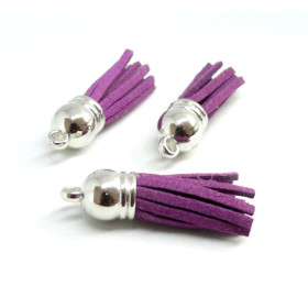 Pompons Breloque Passementière 35mm Suédine Violet Orchidée Embouts Argent Platine