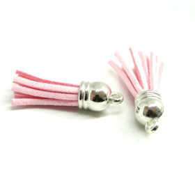 Pompons Breloque Passementière 35mm Suédine Rose Clair Embouts Argent Platine