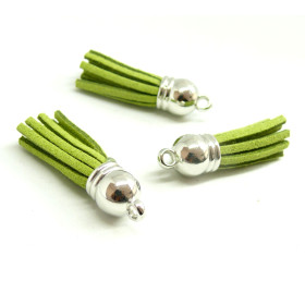 Pompons Breloque charms Passementière 35mm Suédine Vert Embouts Argent Platine