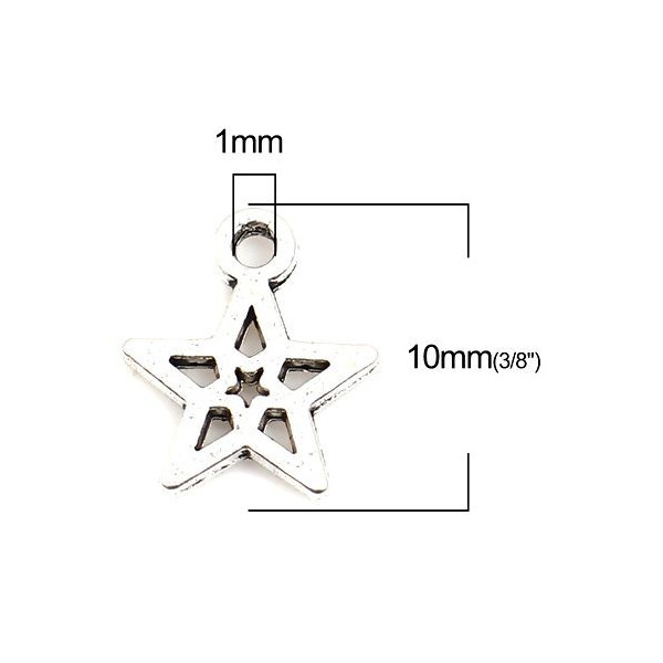 Breloques pendentif  Pentagram, Étoiles 10 mm métal couleur ARGENT ANTIQUE