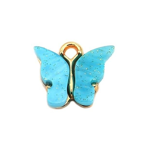 Pendentifs petits Papillon Acrylique Bleu Turquoise 15 mm metal doré