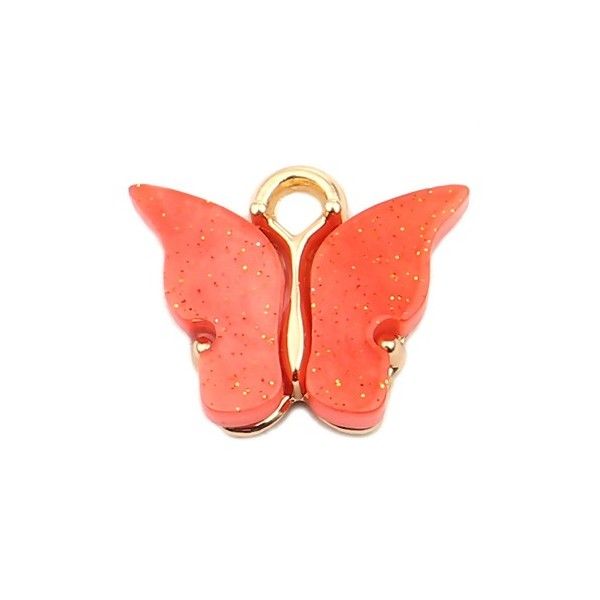 PS110257992 PAX 5 pendentifs petits Papillon Acrylique Orange 15 mm metal doré