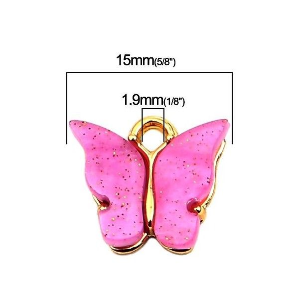 Pendentifs petits Papillon Acrylique Rose Intense 15 mm metal doré