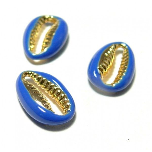 2 perles interclalaires émaillés Cauri résine emaille Bleu sur metal doré 14 par 4,5mm
