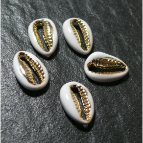 2 perles interclalaires émaillés Cauri résine emaille Blanc sur metal doré 14 par 4,5mm