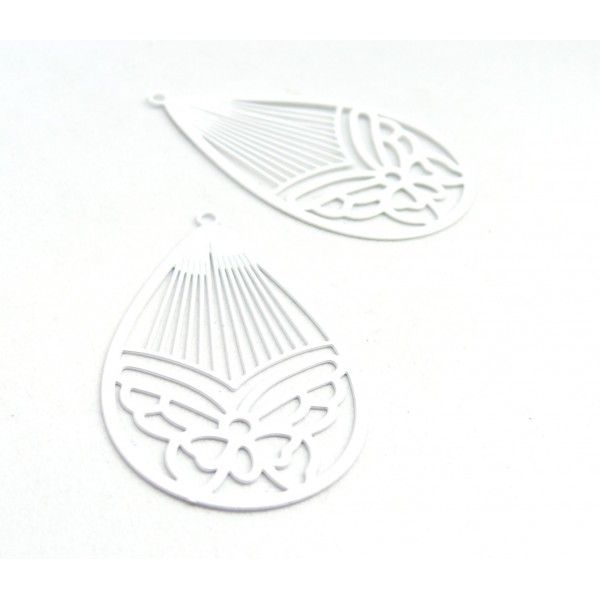AE116003 Lot de 4 Estampes pendentif filigrane Papillon Medaillon Goutte 45mm métal couleur Blanc