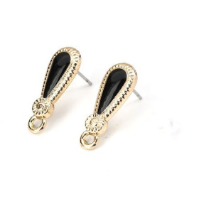 Supports Boucle d'oreille Puce, Goutte  et émaille Noir, couleur Doré avec attache et embouts poussoirs