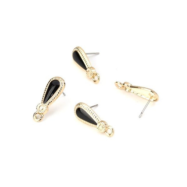 Supports Boucle d'oreille Puce, Goutte  et émaille Noir, couleur Doré avec attache et embouts poussoirs