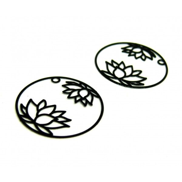 AE115405 Lot de 4 Estampes pendentif filigrane Fleur de Lotus dans Cercle 27 mm Cuivre coloris Noir