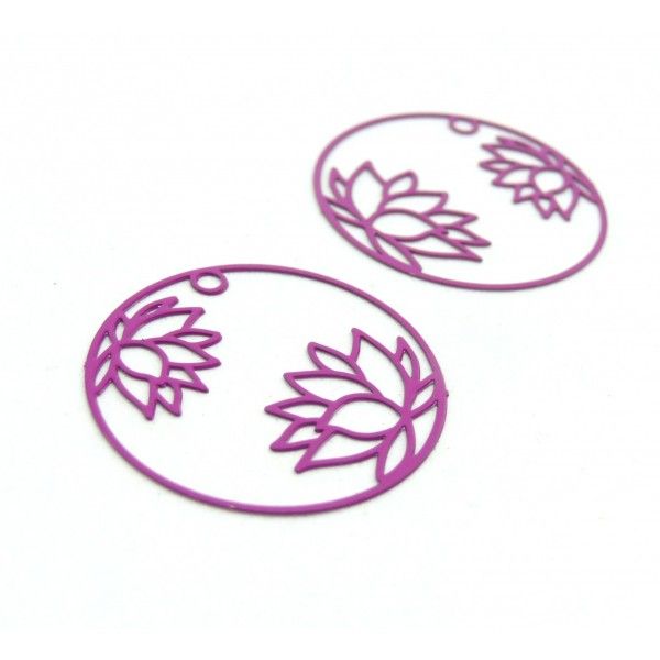 AE115405 Lot de 4 Estampes pendentif filigrane Fleur de Lotus dans Cercle 27 mm Cuivre coloris Violet Orchidée