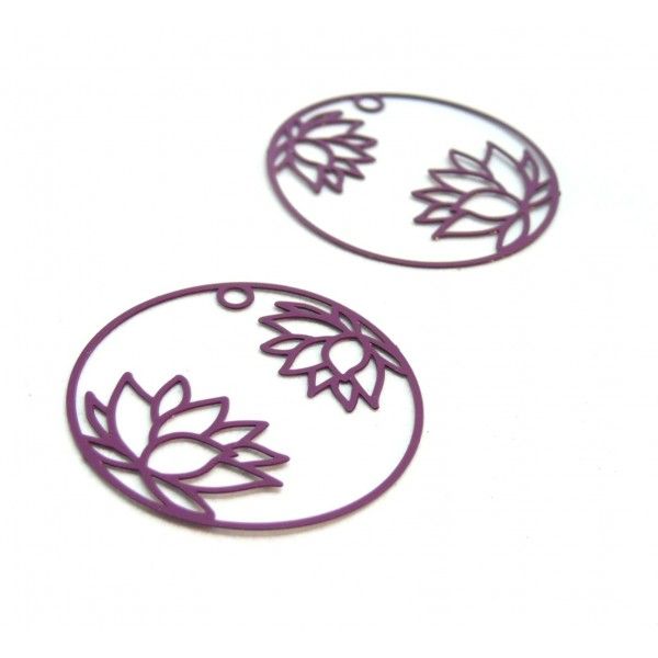 AE115405 Lot de 4 Estampes pendentif filigrane Fleur de Lotus dans Cercle 27 mm Cuivre coloris Violet