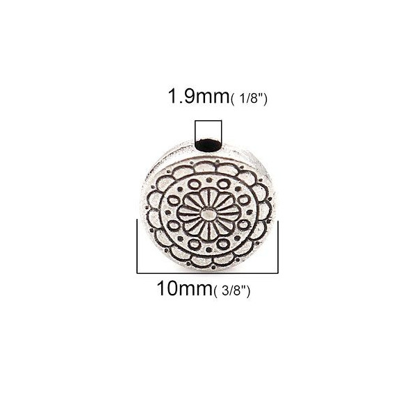 Perles Intercalaires Rondes Plates Travaillées 10mm Argent Antique