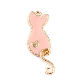 Pendentifs breloques Chat rose Emaillé 23 mm métal Doré