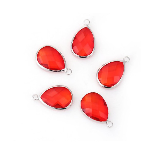 PS110100860 PAX 2 pendentifs Goutte de Verre Rouge 22 mm métal Argenté