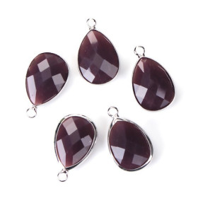 PS110102265 PAX 2 pendentifs Goutte de Verre Violet Bordeaux Opaque 22 mm métal Argenté
