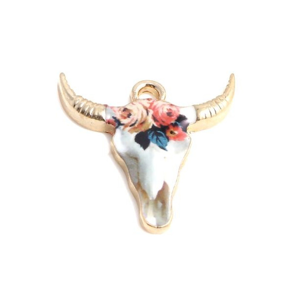 PS110152575 PAX 5 pendentifs Buffalo, Buffle Tete Vache Boho Chic style emaillé 22mm metal couleur Doré
