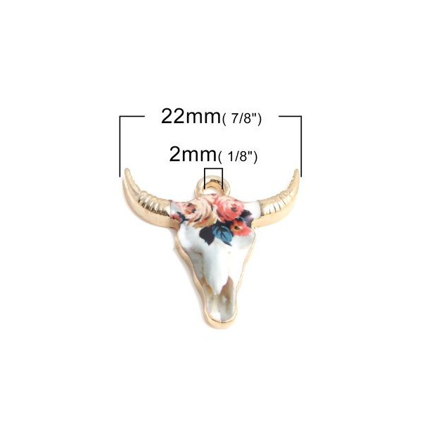 PS110152575 PAX 5 pendentifs Buffalo, Buffle Tete Vache Boho Chic style emaillé 22mm metal couleur Doré