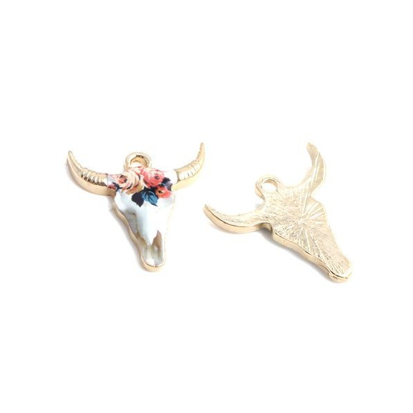 PS110152575 pendentifs Buffalo, Buffle Tete Vache Boho Chic style emaillé 22mm metal couleur Doré