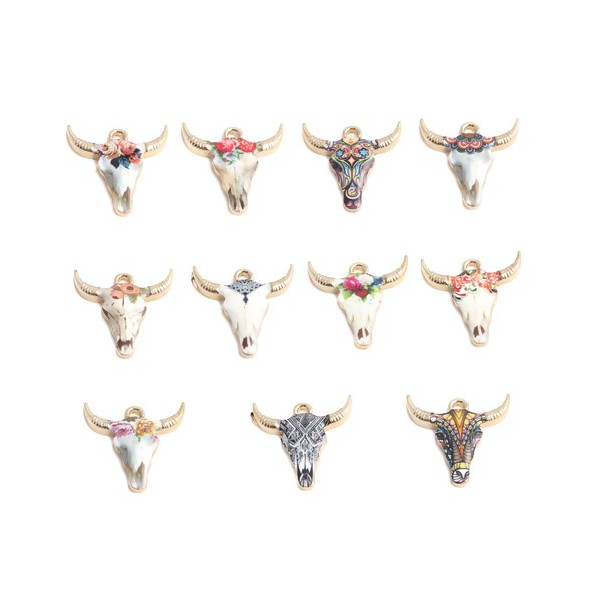 PS110152575 PAX 5 pendentifs Buffalo, Buffle Tete Vache Boho Chic style emaillé 22mm metal couleur Doré