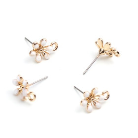 PS110208275 PAX 4 Boucles d'oreille clou puce avec attache Fleur émaillée Jaune métal couleur Doré
