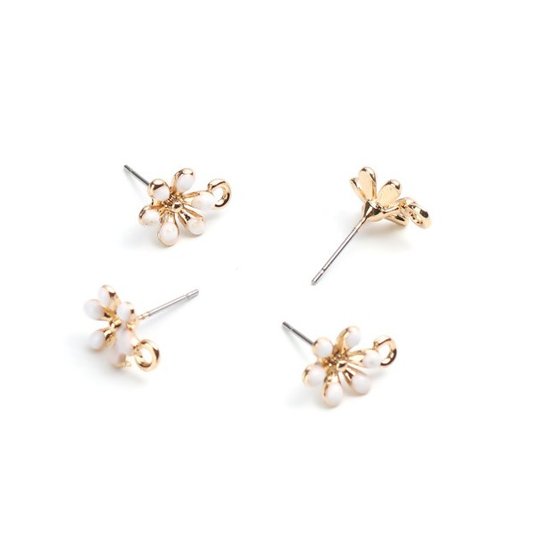 PS110208275 PAX 4 Boucles d'oreille clou puce avec attache Fleur émaillée Jaune métal couleur Doré