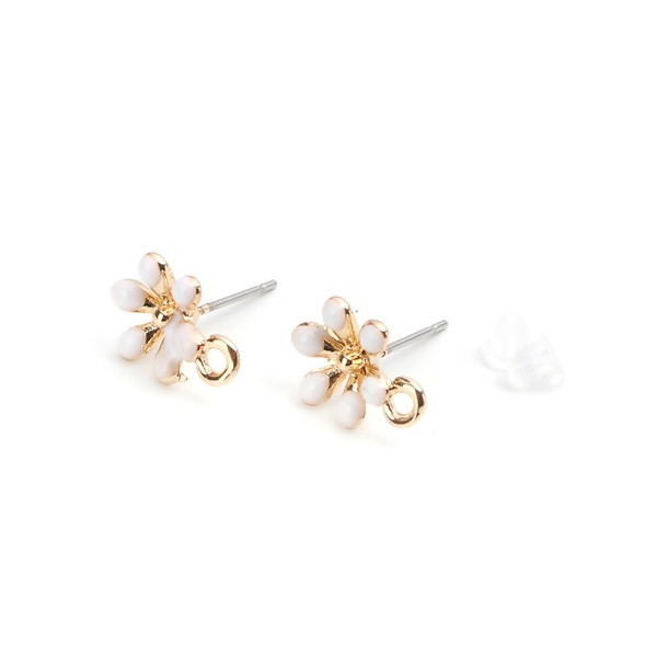 Boucles d'oreille clou puce avec attache Fleur émaillée Blanc métal couleur Doré ( vendu avec embouts poussoirs plastique )