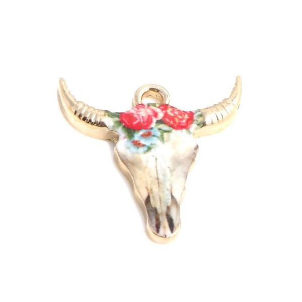 PS110152576 PAX 5 pendentifs Buffalo, Buffle Tete Vache Boho Chic style emaillé 22mm metal couleur Doré