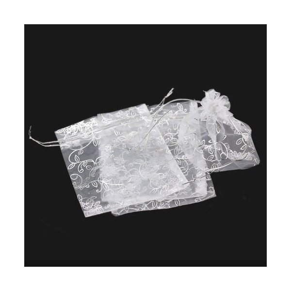 Pochettes organza avec motifs Fleurs et volutes 12 par 10 cm pour bijoux, dragés