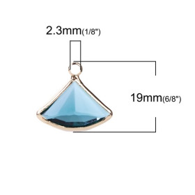 PS110100862 PAX 2 pendentifs Eventail  Verre Bleu Canard 19 mm cuivre coloris Doré