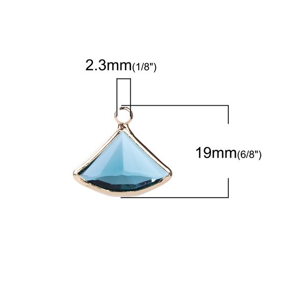 PS110100862 PAX 2 pendentifs Eventail  Verre Bleu Canard 19 mm cuivre coloris Doré