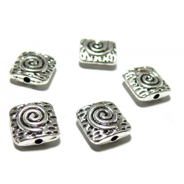 PS11105701 PAX 20 perles intercalaires Carre 10mm martelé spirale metal couleur Argent Antique