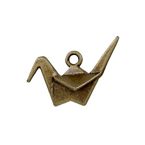 PS1180924  PAX 10 pendentifs, breloque Oiseau Grue Imperiale Origami métal coloris BRONZE 