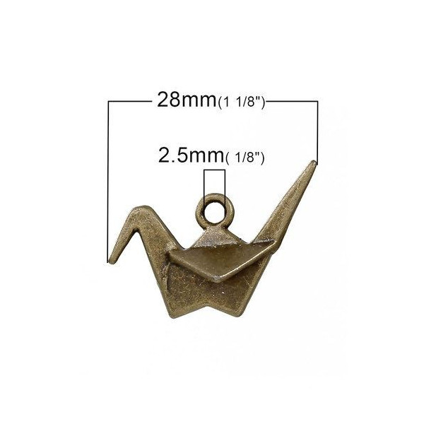 PS1180924  PAX 10 pendentifs, breloque Oiseau Grue Imperiale Origami métal coloris BRONZE 