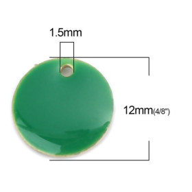 Sequins résine style émaillés rond Vert 12 mm sur une base en métal dore